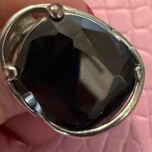 Bold Architectural Silver-Tone Ring with Large Faceted Black Stone